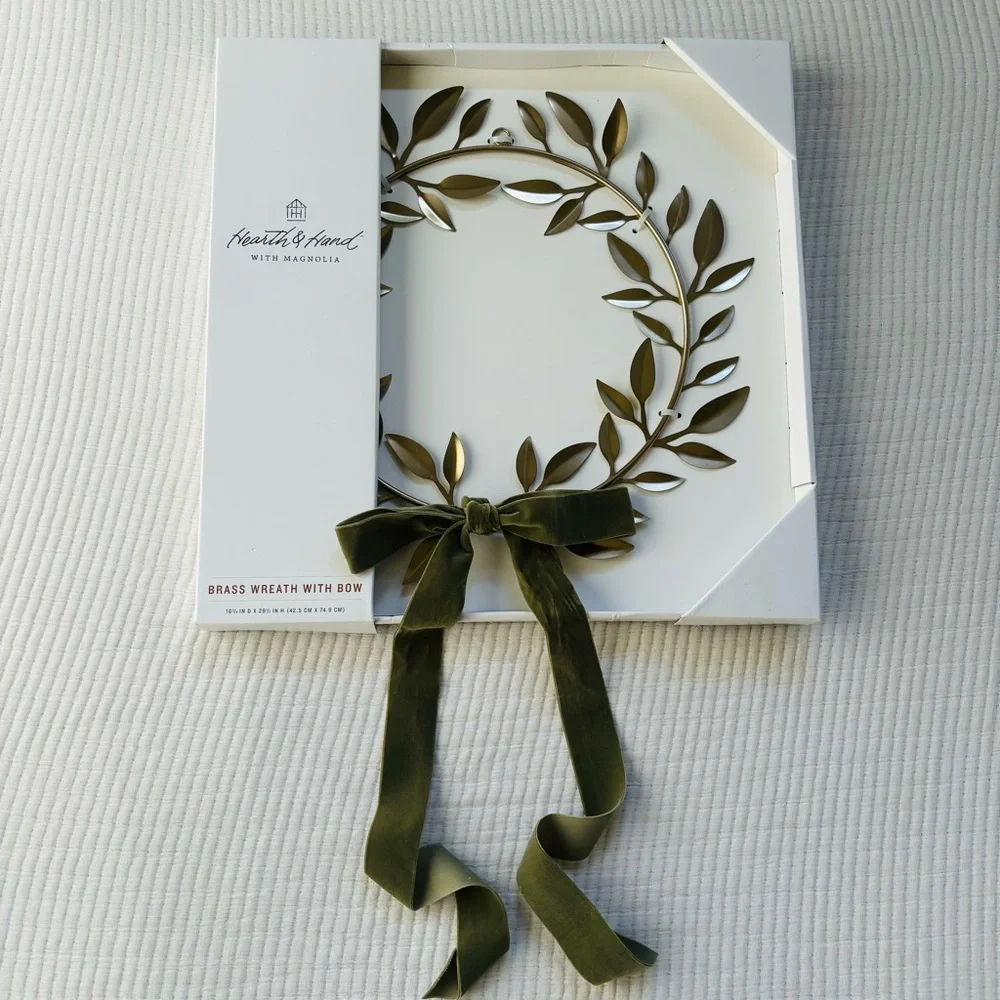 Hearth & Hand with Magnolia Decorative Brass Leaf Christmas Wreath Velvet Bow